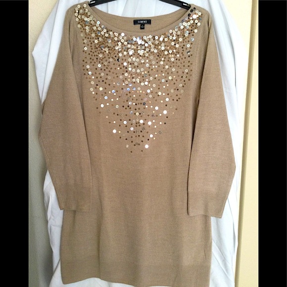 Beige sequined tunic sweater. L - Picture 2 of 3